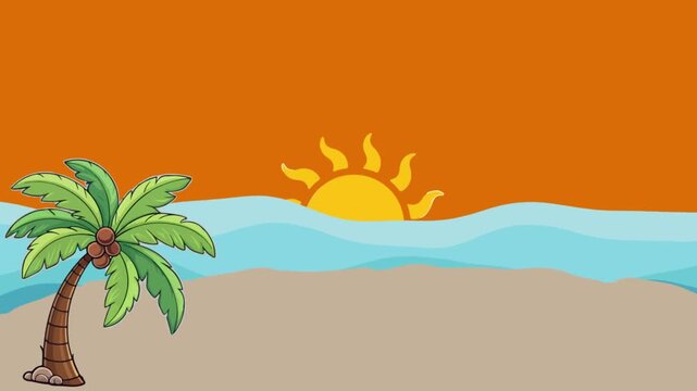 A minimalist vector animation of a beautiful sunset on a tropical beach, featuring a golden sun sinking behind ocean waves next to a coconut palm tree. Perfect for summer vacation promos, travel agenc