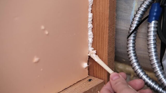 Applying thermal insulation foam with a gun. Using polyurethane foam along wall joints. Expanding the material. Sealing joints and soundproofing walls. Interior renovation. Close-up. Copy space.