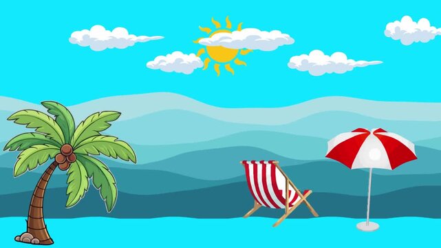 A minimalist vector animation of a tropical beach landscape featuring a coconut palm tree, a deck chair, a beach umbrella, moving clouds, and a shining sun. Ideal for summer vacation, travel agency pr