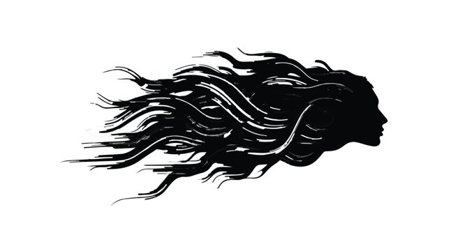 Silhouette of a woman's head with flowing, wild, dark hair against a white background
