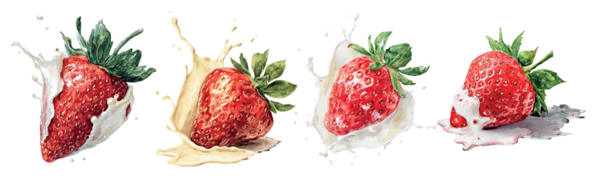 Juicy red strawberries splashing into creamy vanilla flavored milk and sweet white yogurt, creating dynamic drips and a refreshing sweet dessert concept