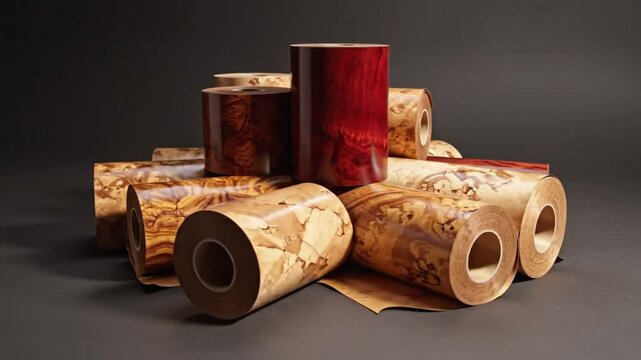 Luxurious array of rolled wood veneer samples in various colors and patterns for woodworking projects