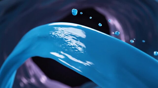 Fluid blue liquid arching and splashing against a dark blurred background in a dynamic motion