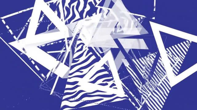 A short abstract work featuring dynamic geometric shapes in the form of triangles against a royal blue background. 