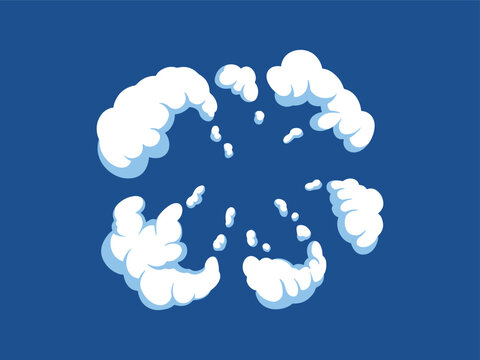 Cartoon smoke explosion puff illustration. White cloud blast effect, comic dust burst or steam ring isolated on blue background