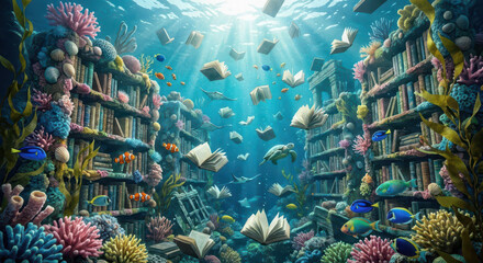 Fototapeta premium Underwater library with swimming fish, books floating in coral reef