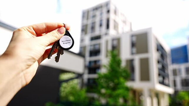 Hand holding house keys with Investment Property keychain near modern apartment building. Real estate investing and passive income concept