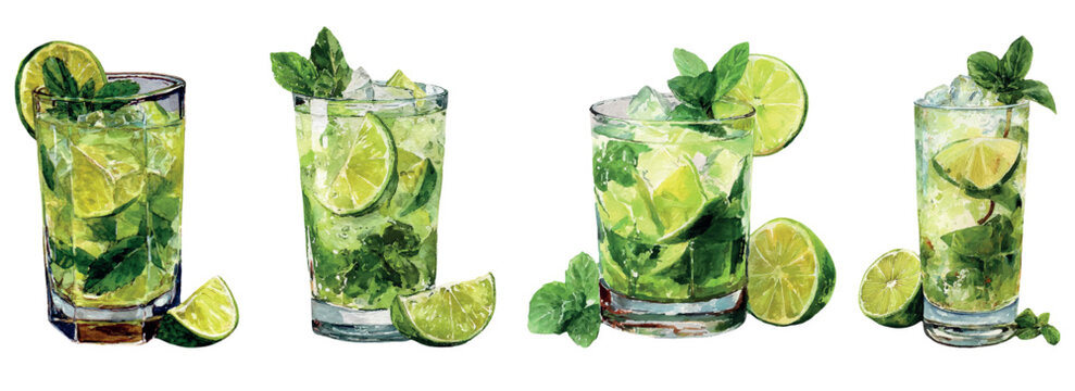 Refreshing mojito cocktails with lime slices, fresh mint leaves, and ice in tall glasses, celebrating summer drinks and tropical beverage concepts