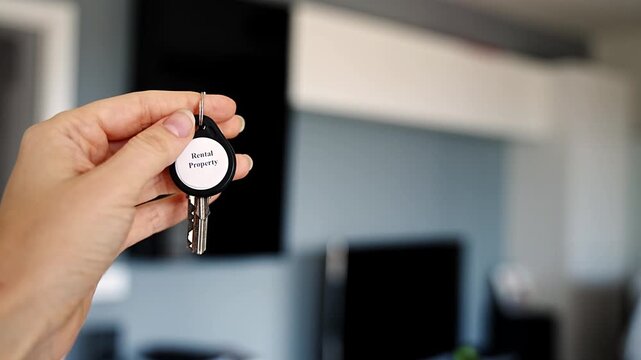 Woman holding house keys with rental property keychain inside modern apartment interior. Real estate investment and passive income concept for landlords and property business