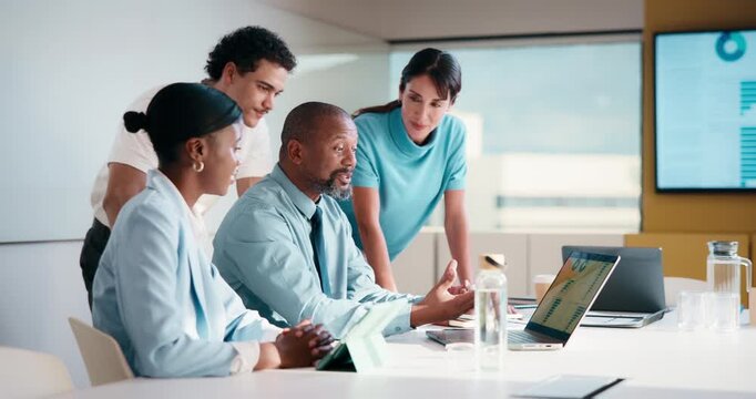 Laptop, business people and training with team in office for investment, risk management or stats. Computer, planning and coaching at workplace with manager for financial feedback, graphs or advice