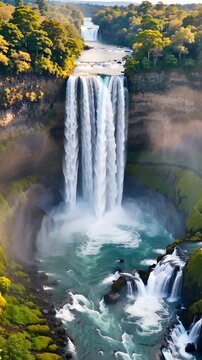 Majestic Waterfall Cascading Through Lush Forest: A powerful waterfall plunges into a turquoise pool, surrounded by vibrant green foliage and trees, creating a breathtaking natural spectacle.