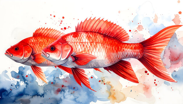 Redfinned fish varieties with brilliant red fin coloring displaying a vibrant soft color intensity aquatic aquarium watercolor painting atmosphere generative AI