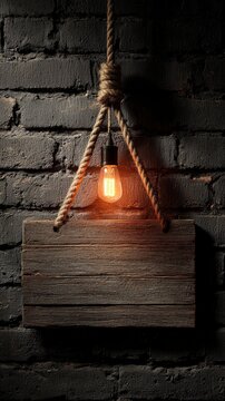 Wooden plank sign hanging from ropes with a vintage light bulb, glowing filament light against a dark rustic brick wall.