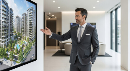 Fototapeta premium A professional man in a suit presents architectural designs in a modern office setting.