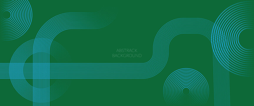 Green abstract background with blue rounded lines and geometric circular elements for modern business banners.