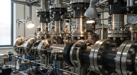 Obraz premium Close-up view of precision-engineered industrial pipes with gauges, showcasing the intricate details of modern manufacturing.