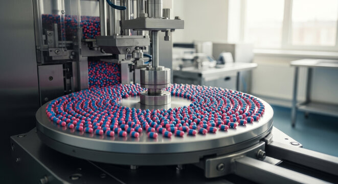 A close-up of a modern pharmaceutical manufacturing machine producing colorful pills in a clean, sterile environment.