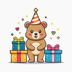 Fototapeta premium Cute Bear Celebrating Birthday with Gifts and Party Hat
