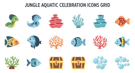 A grid of 18 flatstyle vector icons featuring aquatic animals coral treasure chests and bubbles on a white background © Faisal