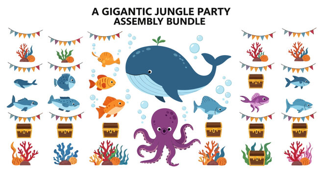A collection of vector underwater illustrations featuring a whale octopus fish treasure chests corals and bunting