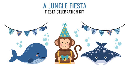 A whale monkey with a chest and stingray are illustrated beneath two bunting banners with bubbles on a white background © Faisal