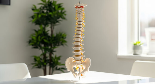 A detailed spinal model showcasing the vertebrae and pelvis in a modern medical setting, illuminated by natural light.