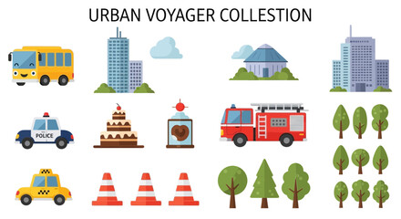 A vibrant collection of urban elements including various vehicles like a bus, police car, fire truck, and taxi, alongside city buildings, traffic cones, and diverse trees. © Faisal
