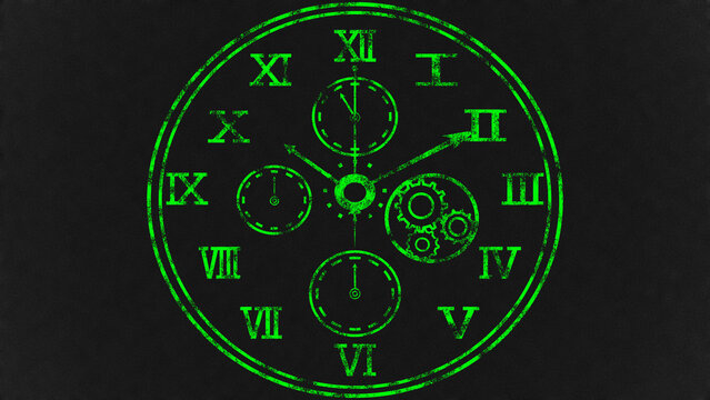 緑色のスチームパンク魔法時計イラスト（黒背景・ファンタジー・歯車・高級感）：green steampunk magic clock illustration on black background. Fantasy timepiece with gears.