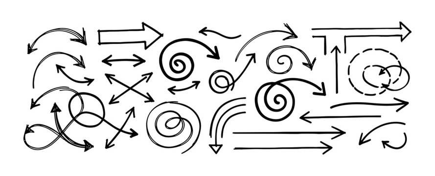 Monoline Hand Drawn Arrows and Spirals Vector Set for Graphic Design and Presentation