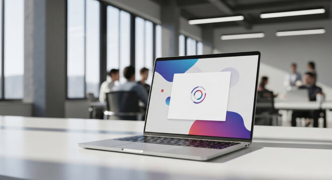 A sleek laptop on a modern office desk with a colorful abstract screensaver, reflecting a professional workspace atmosphere.