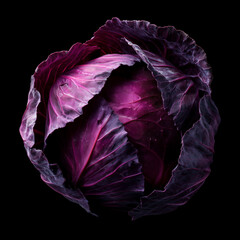 Obraz premium Closeup of purple red cabbage isolated on black background clipping path. Concept of fresh vegetables and healthy eating
