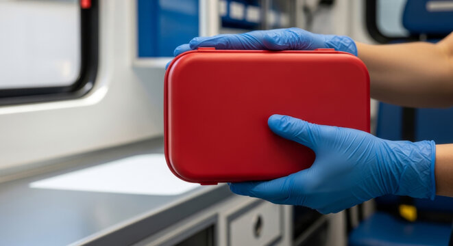 A healthcare professional in blue gloves holds a red medical kit inside an ambulance, ready for emergency assistance.