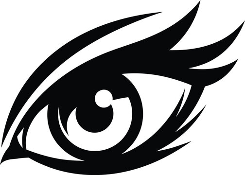 Black stylized eye with sharp, angular lines and a white pupil symbol abstract