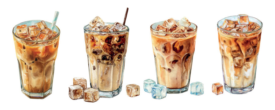 Four glasses of refreshing iced coffee drinks with milk and ice cubes, hand drawn watercolor illustration depicting cold brew, latte, and other coffee beverages