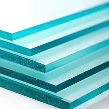 積み重なった半透明な磨りガラスのプレートと滑らかなエッジ / Stacked translucent frosted glass plates with smooth edges (Generative AI)