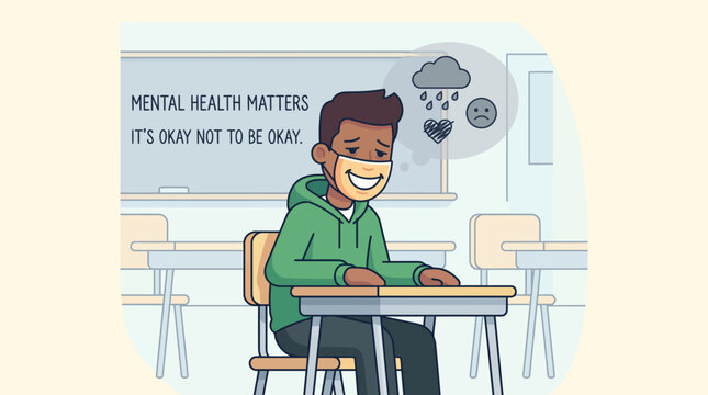 Student masking emotional struggles in classroom, a poignant reminder that mental health matters and it's acceptable to acknowledge when one is not okay