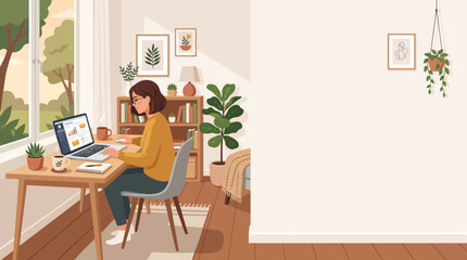 Fototapeta premium Young woman working on a laptop at a desk in a bright, cozy home office filled with plants and natural light