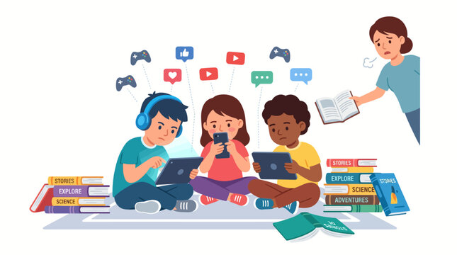 Children engrossed in digital devices, ignoring books, with a concerned adult observing the scene of digital distraction