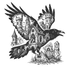 Fototapeta premium crow silhouette with ruined gothic castle inside, symbolizing mystery, dark fantasy, horror, and medieval atmosphere sketch engraving generative ai vector illustration. Scratch board. Black and white