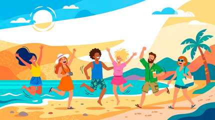 Fototapeta premium Diverse group of friends joyfully celebrating on a sunny beach vacation