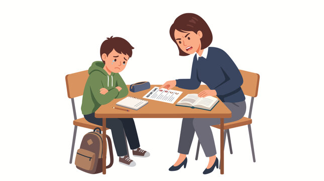 Young student feeling overwhelmed and upset during a difficult learning session with his teacher, highlighting challenges in educational support and academic struggles