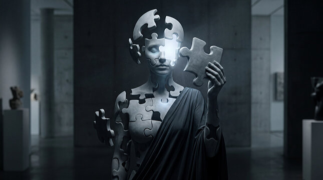 Abstract 3D render of a surreal stone statue of a woman made of puzzle pieces holding a missing piece in a dark gallery. Conceptual art of psychology, human mind, mental health healing, self discovery