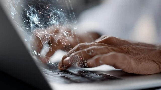 Hands type on keyboard with glowing digital network overlay. Focused, professional demeanor suggests data entry or analysis. Modern technology meets human interaction in this abstract workspace