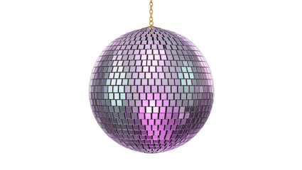 Sparkling disco ball with mirrored squares hanging from golden chain, isolated on transparent background