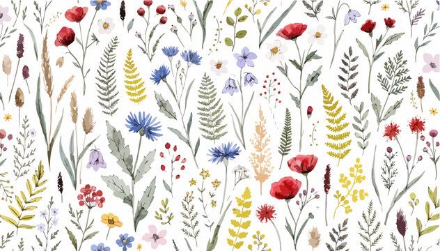 Delicate botanical illustration featuring colorful watercolor flower clusters
