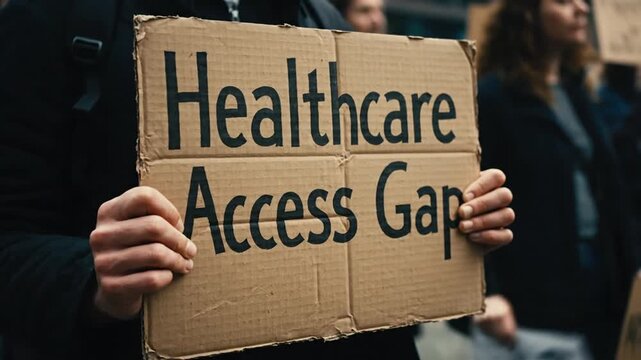Protestor holding healthcare access sign.