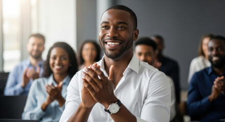Obraz premium A happy African American man applauds enthusiastically during a presentation in a well-lit conference room.