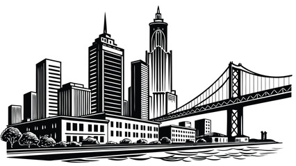 Fototapeta premium Vector illustration of a modern metropolitan city skyline featuring skyscrapers and a large suspension bridge