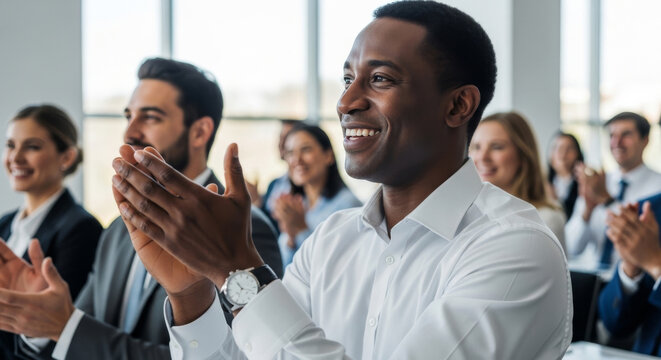 A joyful Black man in a business suit claps while listening to a presentation in a bright conference room.