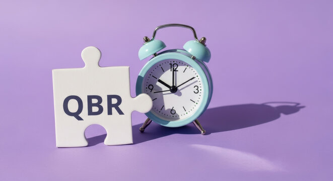 A blue alarm clock next to a white puzzle piece labeled 'QBR' on a soft purple background.